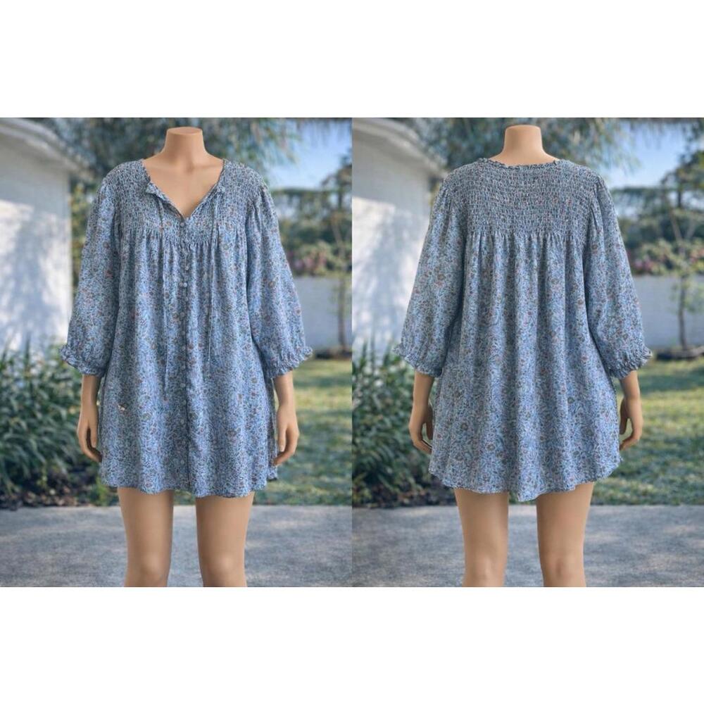 Y2K Rose + Olive Women’s Popover Blouse 1X Floral Cottagecore Top